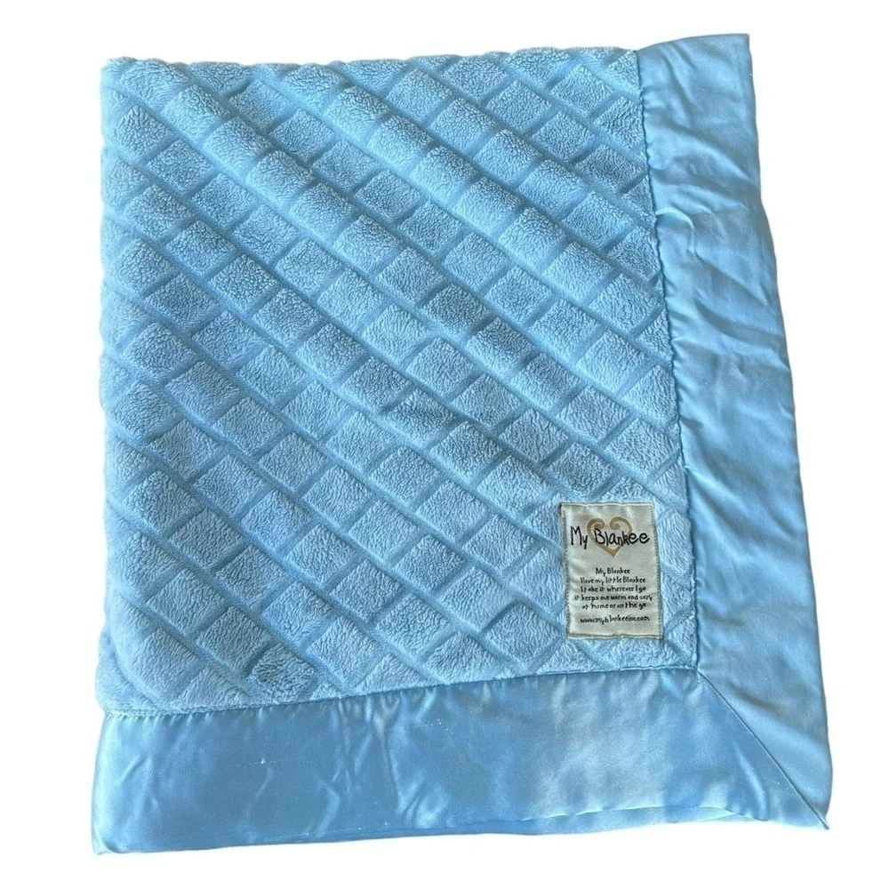 My Blankee Plush Minky Satin Trim Security Baby Blanket Blue 30.5 x 34 GUC